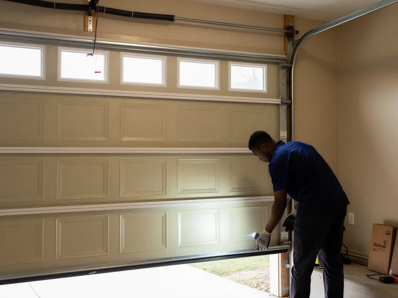 A technician shines a flashlight on the bottom of a tan garage door.