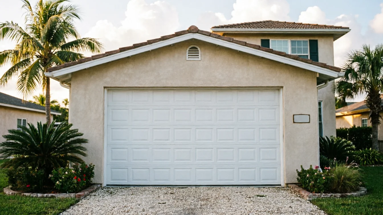 The house has a white garage door, a gravel driveway, and palm trees.